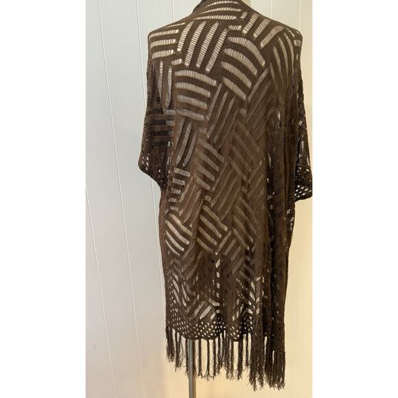 Brown Open Knit Crochet Fringe Kimono Cardigan One Size - Picture 6 of 8